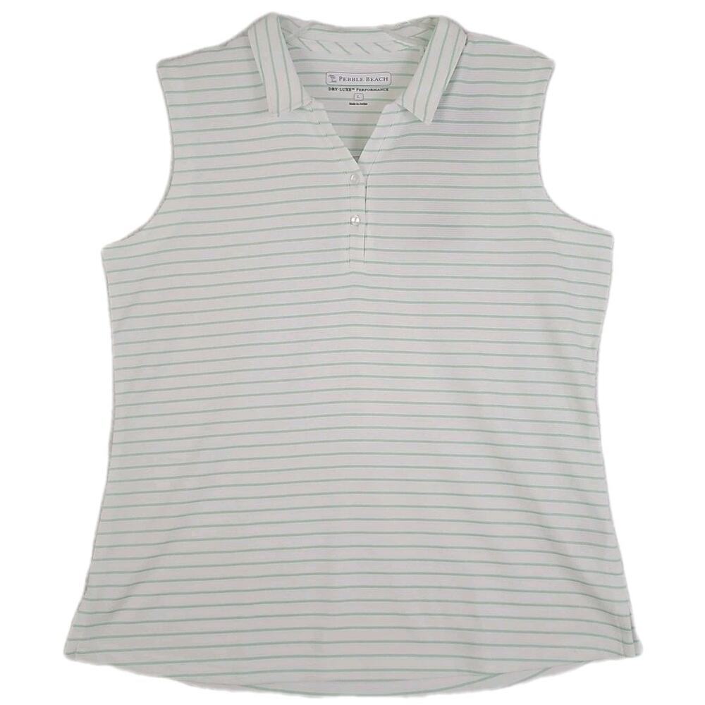 Pebble Beach ~Woman Size L~ White/Green Striped Golf Shirt Top NWT.
